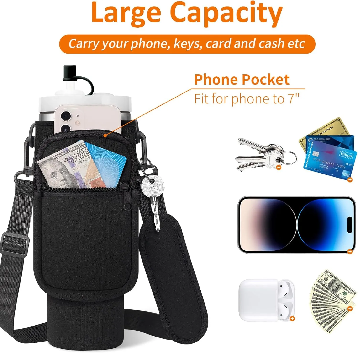 Water Bottle Carrier Bag with Paracord Handle for Stanley 40/30 oz Tumbler Neoprene Insulated Mug Sleeve Pouch with 2 Pockets & Adjustable Strap & Straw Cover for Stanley Cup Accessories