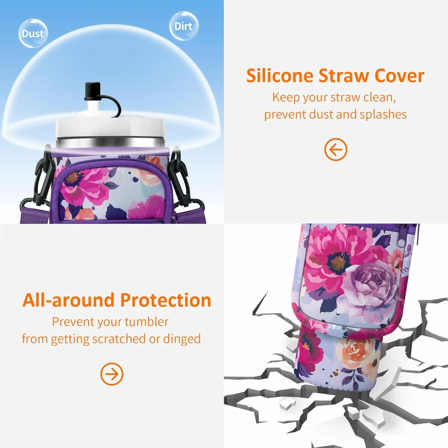 Water Bottle Carrier Bag with Paracord Handle for Stanley 40/30 oz Tumbler Neoprene Insulated Mug Sleeve Pouch with 2 Pockets & Adjustable Strap & Straw Cover for Stanley Cup Accessories