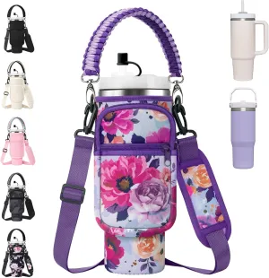 Water Bottle Carrier Bag with Paracord Handle for Stanley 40/30 oz Tumbler Neoprene Insulated Mug Sleeve Pouch with 2 Pockets & Adjustable Strap & Straw Cover for Stanley Cup Accessories