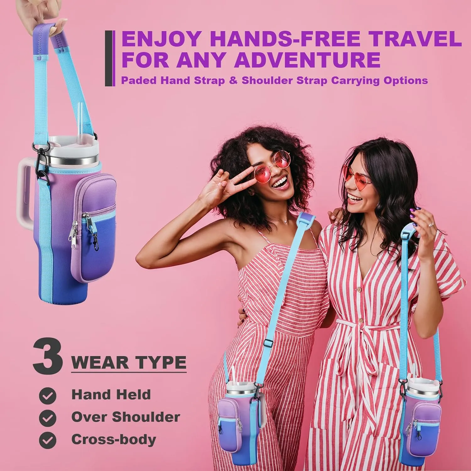 Water Bottle Carrier Bag with Phone Pocket for Stanley 40 & 30 oz Tumbler with Handle,Pink Insulated Neoprene Cup Holder Pouch w/Adjustable Strap for Quencher H2.0 Stanley Cup Accessories