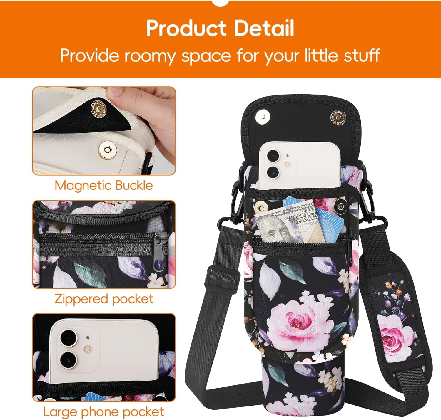 Water Bottle Carrier Bag with Phone Pocket for Stanley 40/30 oz Tumbler Neoprene Insulated Mug Sleeve Pouch with 2 Pockets & Adjustable Strap & Straw Cover for Stanley Cup Accessories