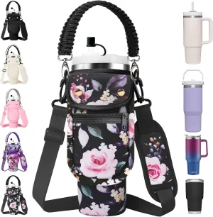 Water Bottle Carrier Bag with Phone Pocket for Stanley 40/30 oz Tumbler Neoprene Insulated Mug Sleeve Pouch with 2 Pockets & Adjustable Strap & Straw Cover for Stanley Cup Accessories