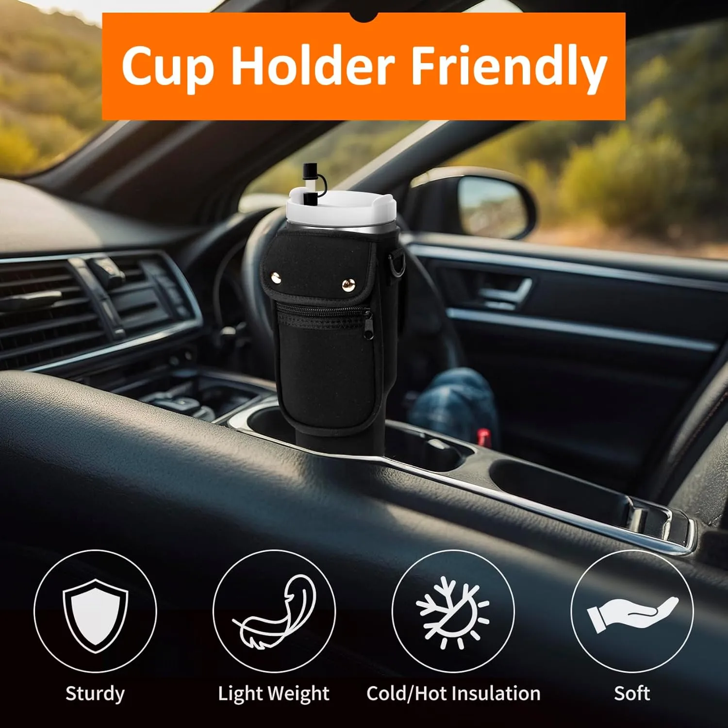 Water Bottle Carrier Bag with Phone Pocket for Stanley 40/30 oz Tumbler Neoprene Insulated Mug Sleeve Pouch with 2 Pockets & Adjustable Strap & Straw Cover for Stanley Cup Accessories