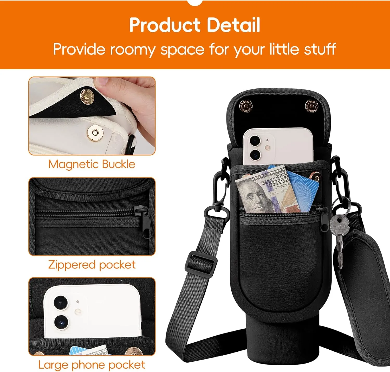 Water Bottle Carrier Bag with Phone Pocket for Stanley 40/30 oz Tumbler Neoprene Insulated Mug Sleeve Pouch with 2 Pockets & Adjustable Strap & Straw Cover for Stanley Cup Accessories