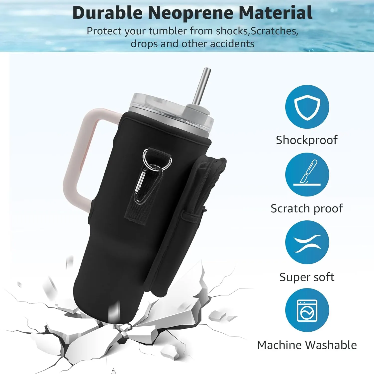 Water Bottle Carrier Bag with Phone Pocket for Stanley Cup 40 oz Tumbler with Handle, Stanley Holder with Adjustable Shoulder Strap Carabiner for Hiking Travelling Camping (Black)