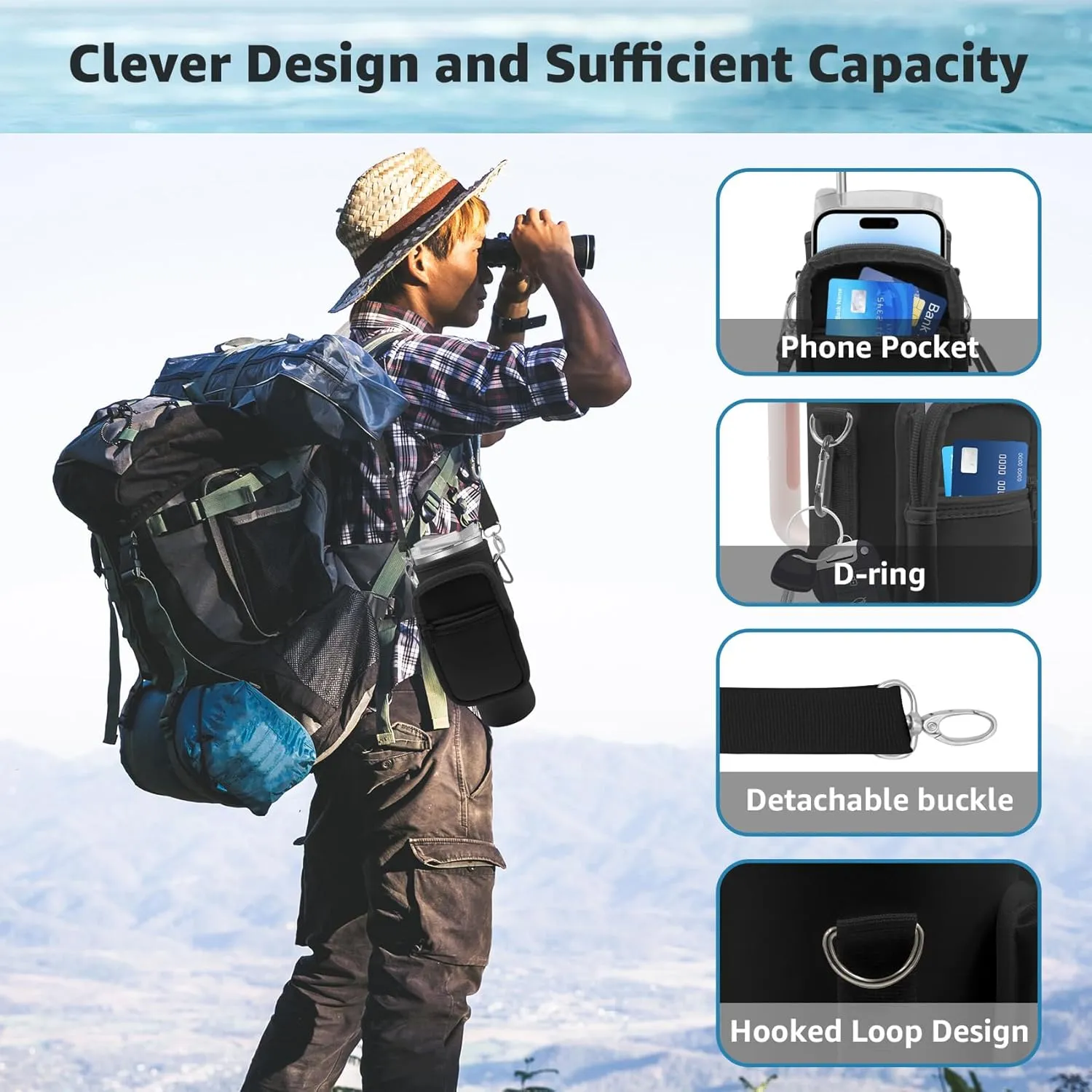 Water Bottle Carrier Bag with Phone Pocket for Stanley Cup 40 oz Tumbler with Handle, Stanley Holder with Adjustable Shoulder Strap Carabiner for Hiking Travelling Camping (Black)