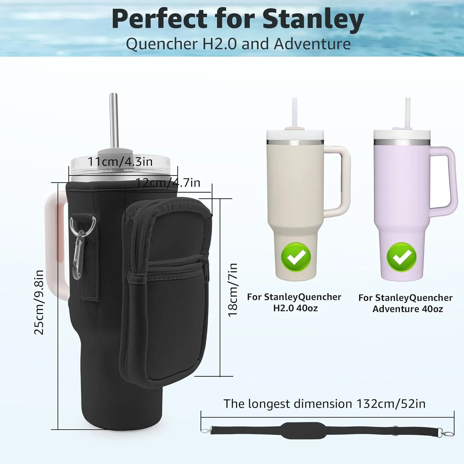 Water Bottle Carrier Bag with Phone Pocket for Stanley Cup 40 oz Tumbler with Handle, Stanley Holder with Adjustable Shoulder Strap Carabiner for Hiking Travelling Camping (Black)