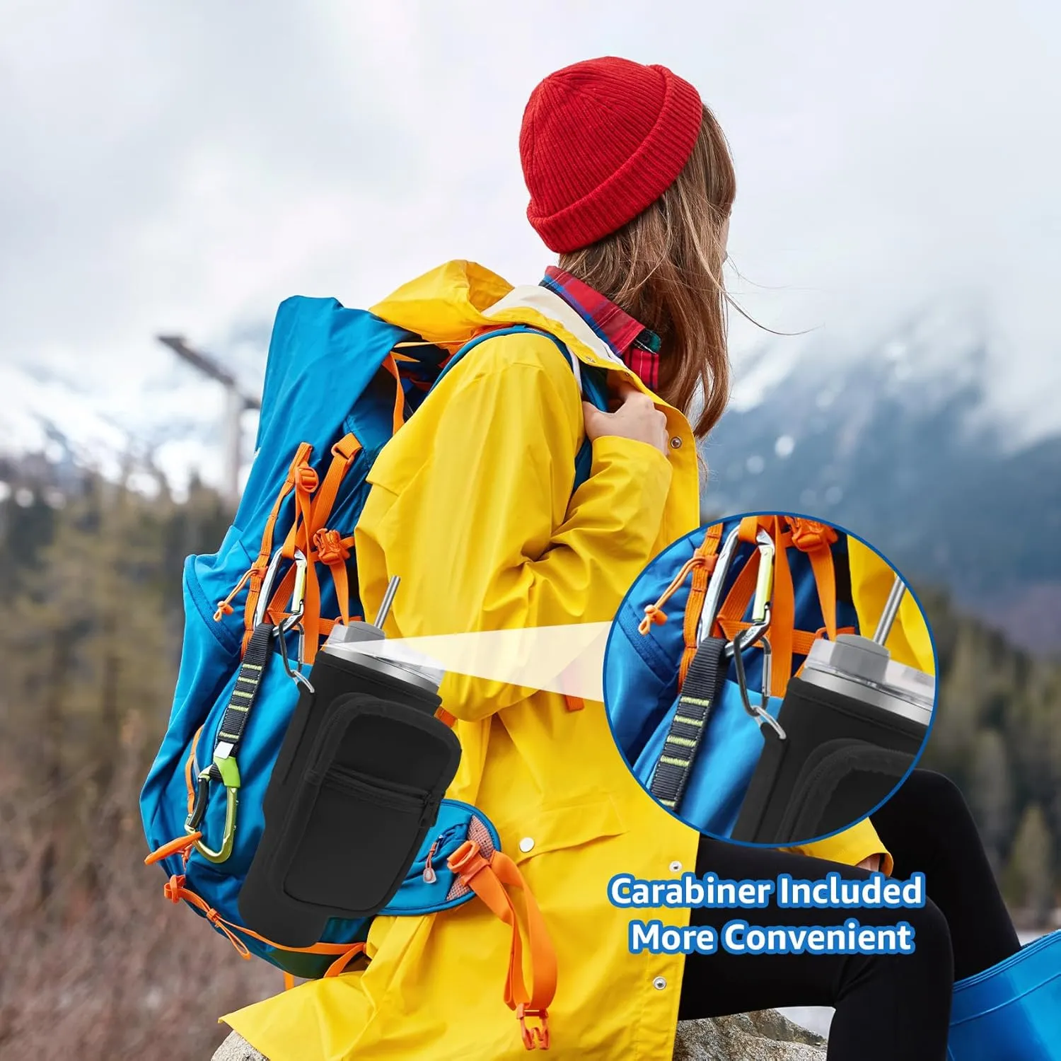 Water Bottle Carrier Bag with Phone Pocket for Stanley Cup 40 oz Tumbler with Handle, Stanley Holder with Adjustable Shoulder Strap Carabiner for Hiking Travelling Camping (Black)