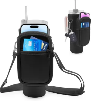 Water Bottle Carrier Bag with Phone Pocket for Stanley Cup 40 oz Tumbler with Handle, Stanley Holder with Adjustable Shoulder Strap Carabiner for Hiking Travelling Camping (Black)