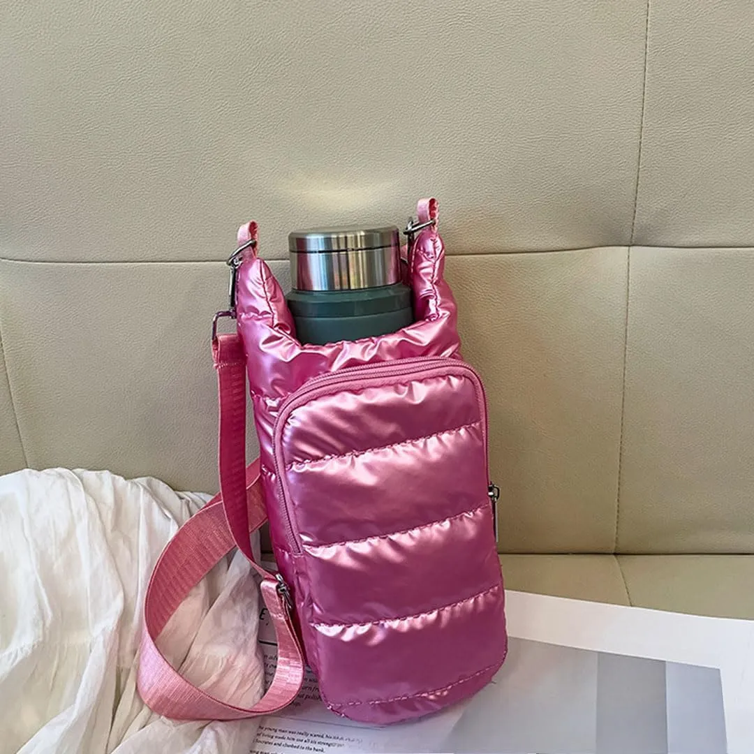 Water Bottle Carrier Bag with Phone Pocket Puffer Tote Bag Quilted Crossbody Shoulder Bag Water Bottle Holder with Strap