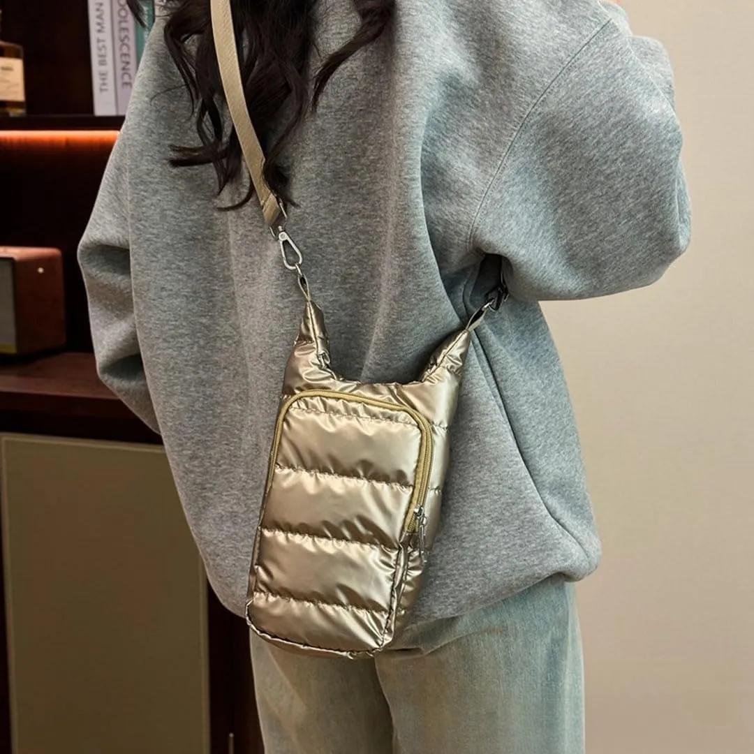 Water Bottle Carrier Bag with Phone Pocket Puffer Tote Bag Quilted Crossbody Shoulder Bag Water Bottle Holder with Strap
