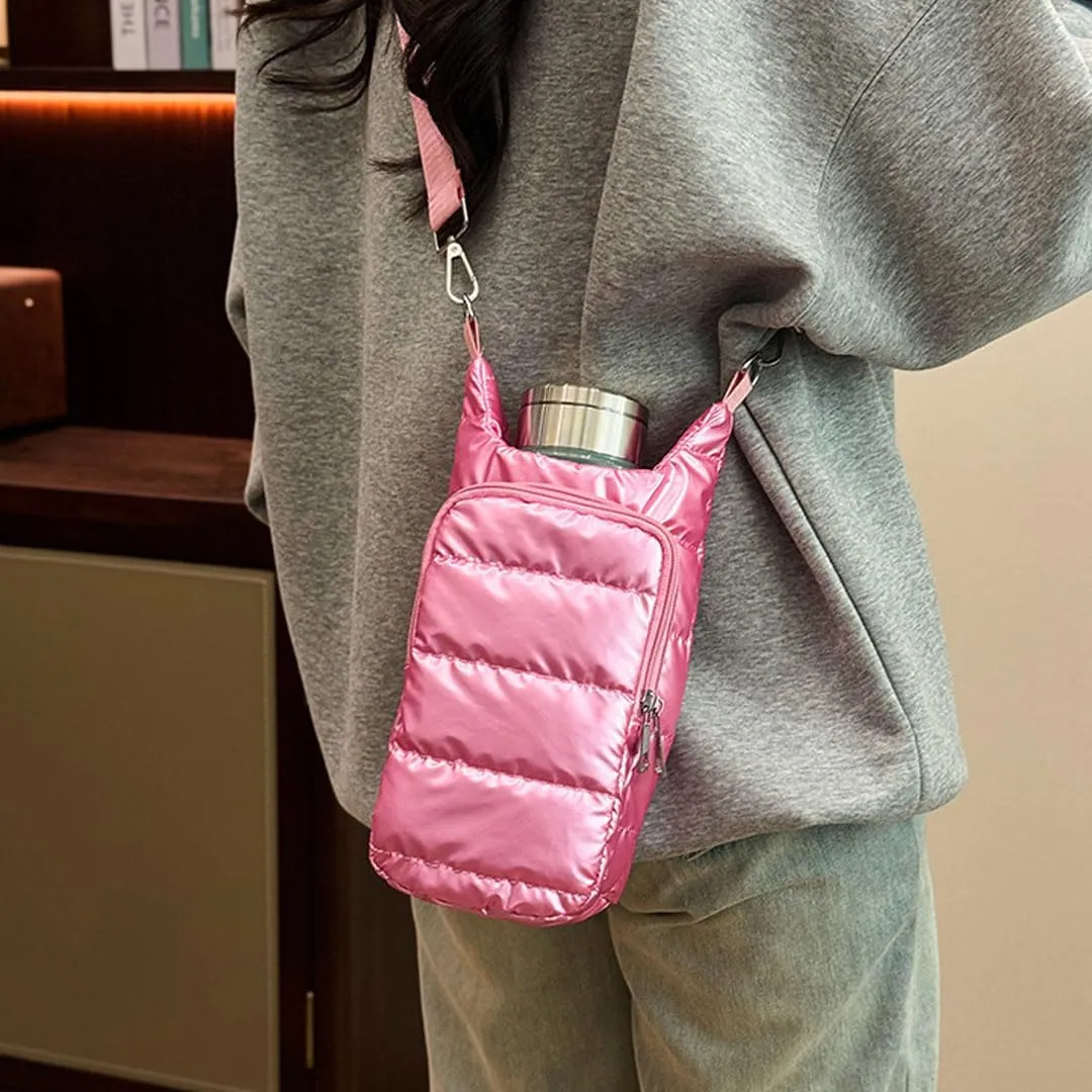 Water Bottle Carrier Bag with Phone Pocket Puffer Tote Bag Quilted Crossbody Shoulder Bag Water Bottle Holder with Strap