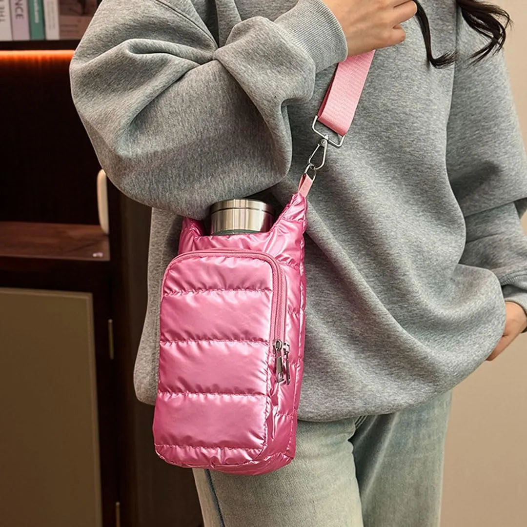 Water Bottle Carrier Bag with Phone Pocket Puffer Tote Bag Quilted Crossbody Shoulder Bag Water Bottle Holder with Strap