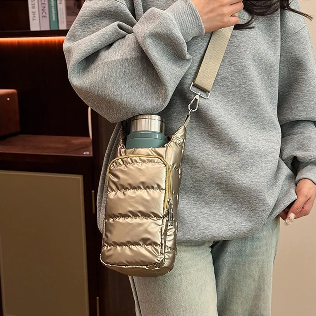 Water Bottle Carrier Bag with Phone Pocket Puffer Tote Bag Quilted Crossbody Shoulder Bag Water Bottle Holder with Strap