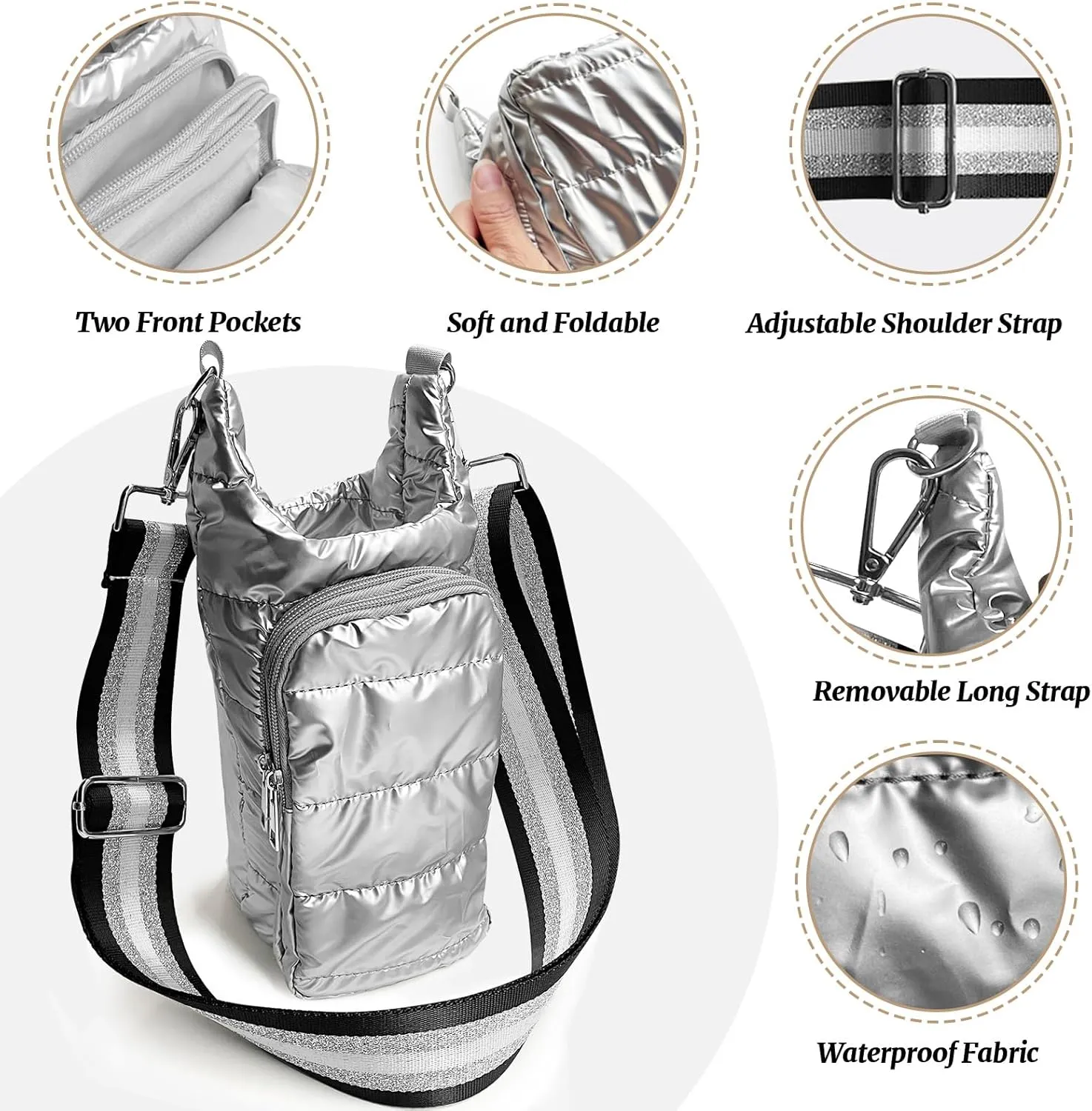 Water Bottle Carrier Bag with Strap | Hydrobag Crossbody Water Bottle Holder | Puffer Quilted Hydrobag with Adjustable Strap