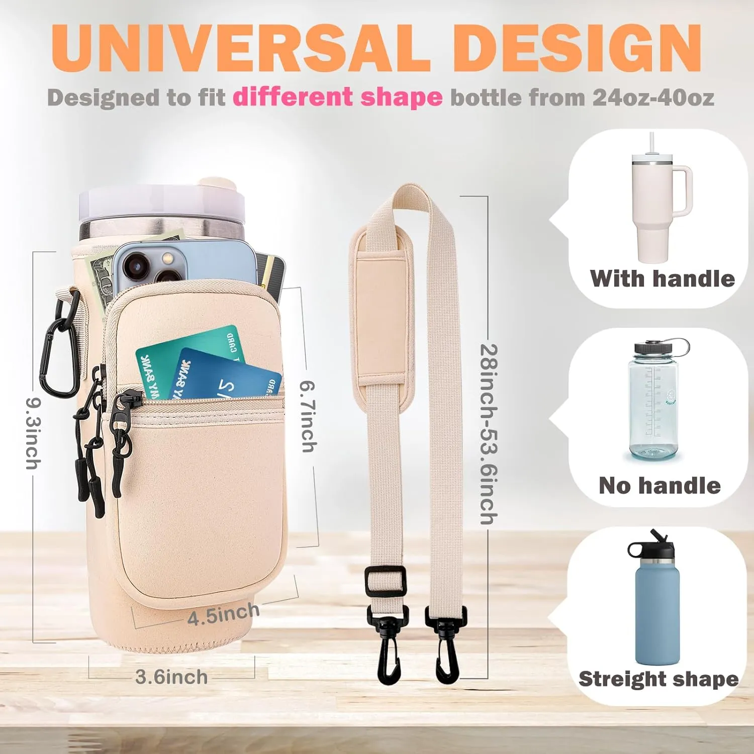 Water Bottle Carrier Bag with Strap Tumble Carrier Bag Pouch with Phone Pocket Strap for Stanley Cup Accessories 40 oz Water Bottle Holder Sling with Strap, 2PC Straw Cover and 1pc Carabiner