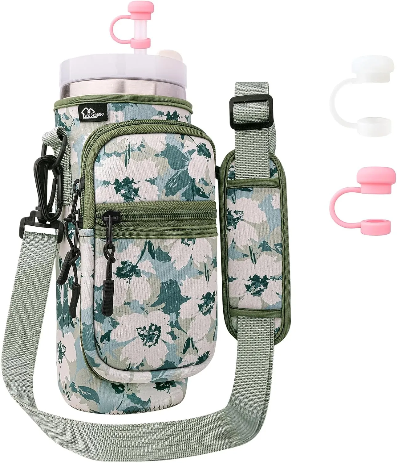 Water Bottle Carrier Bag with Strap Tumble Carrier Bag Pouch with Phone Pocket Strap for Stanley Cup Accessories 40 oz Water Bottle Holder Sling with Strap, 2PC Straw Cover and 1pc Carabiner