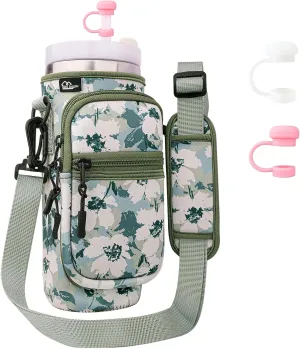 Water Bottle Carrier Bag with Strap Tumble Carrier Bag Pouch with Phone Pocket Strap for Stanley Cup Accessories 40 oz Water Bottle Holder Sling with Strap, 2PC Straw Cover and 1pc Carabiner
