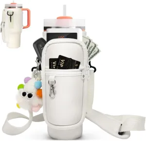 Water Bottle Carrier Bag with Two pockets Adjustable Strap for Pink Stanley Cup, Phone, Bank Cards Water Bottle Bag