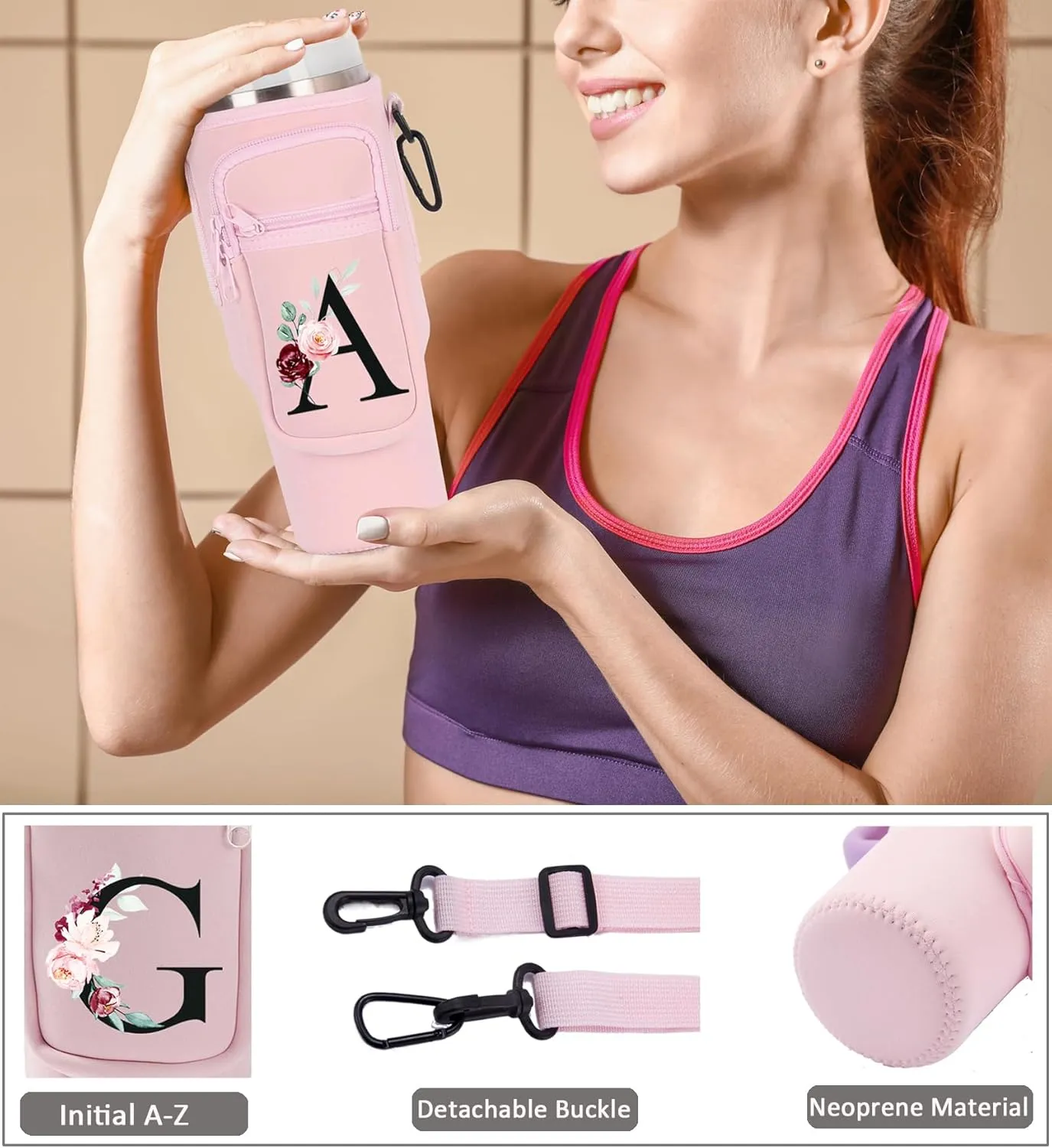 Water Bottle Carrier with Strap for Stanley 40 oz Tumbler,Personalized Initial ID Name Stanley Bag with Phone Pocket, Adjustable Strap, Stanley Cup Accessories