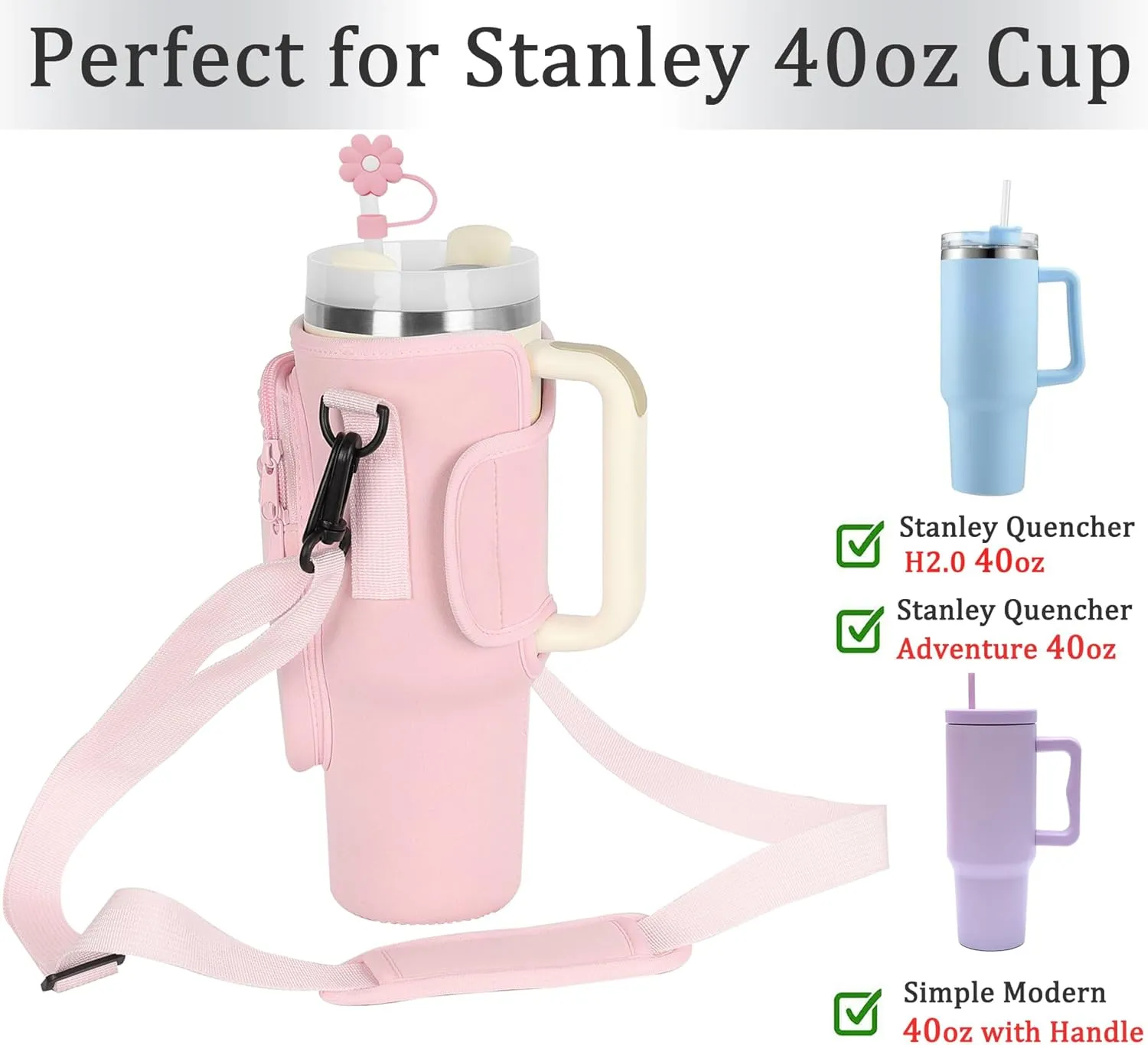 Water Bottle Carrier with Strap for Stanley 40 oz Tumbler,Personalized Initial ID Name Stanley Bag with Phone Pocket, Adjustable Strap, Stanley Cup Accessories