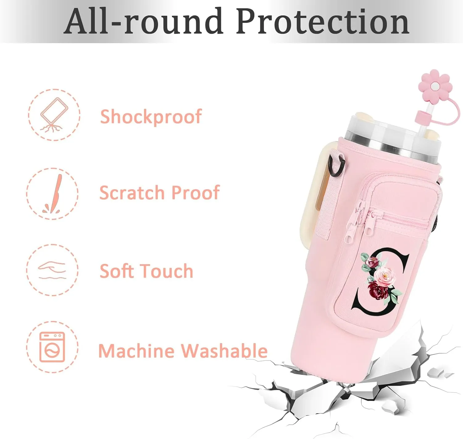 Water Bottle Carrier with Strap for Stanley 40 oz Tumbler,Personalized Initial ID Name Stanley Bag with Phone Pocket, Adjustable Strap, Stanley Cup Accessories