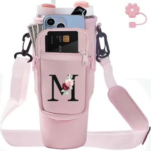 Water Bottle Carrier with Strap for Stanley 40 oz Tumbler,Personalized Initial ID Name Stanley Bag with Phone Pocket, Adjustable Strap, Stanley Cup Accessories