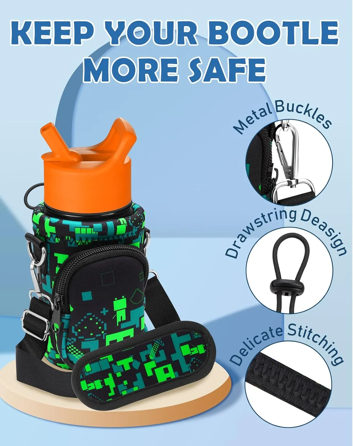 Water Bottle Carrier with Strap - Insulated Kids Water Bottle Holder for Boys Girls Bottle Bag for 10-18Oz