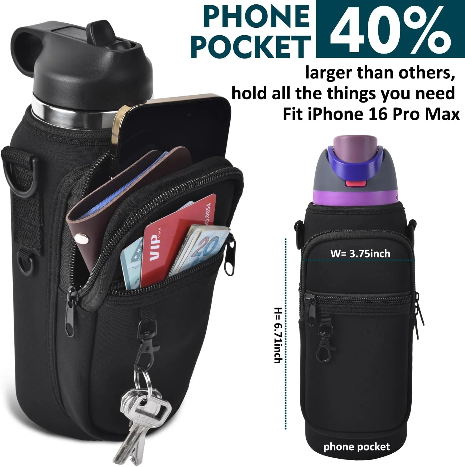Water Bottle Holder Bag with Phone Pocket for Owala FreeSip 24 32 40 oz Neoprene Cup Carrier Pouch for Hiking Travelling etc