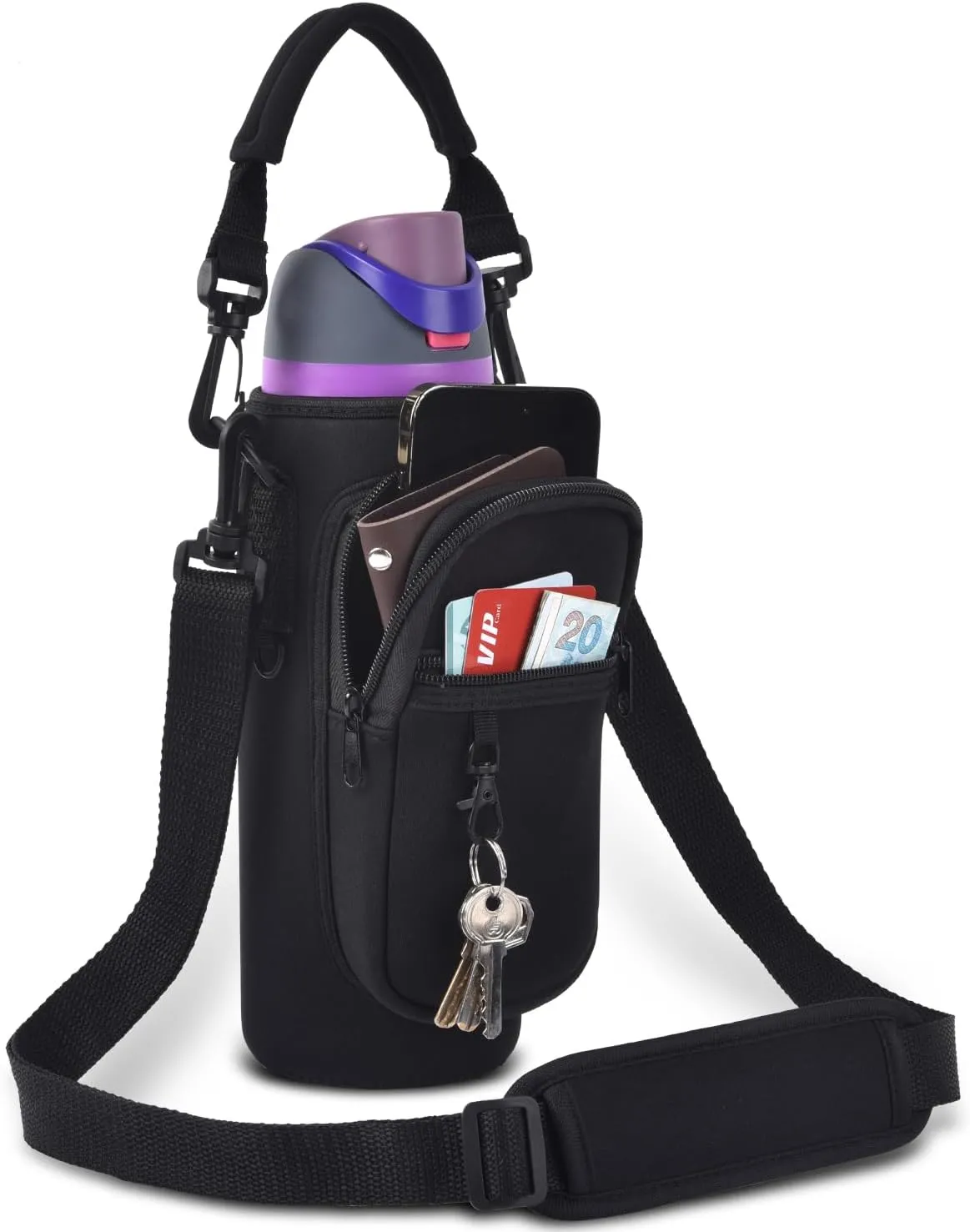 Water Bottle Holder Bag with Phone Pocket for Owala FreeSip 24 32 40 oz Neoprene Cup Carrier Pouch for Hiking Travelling etc