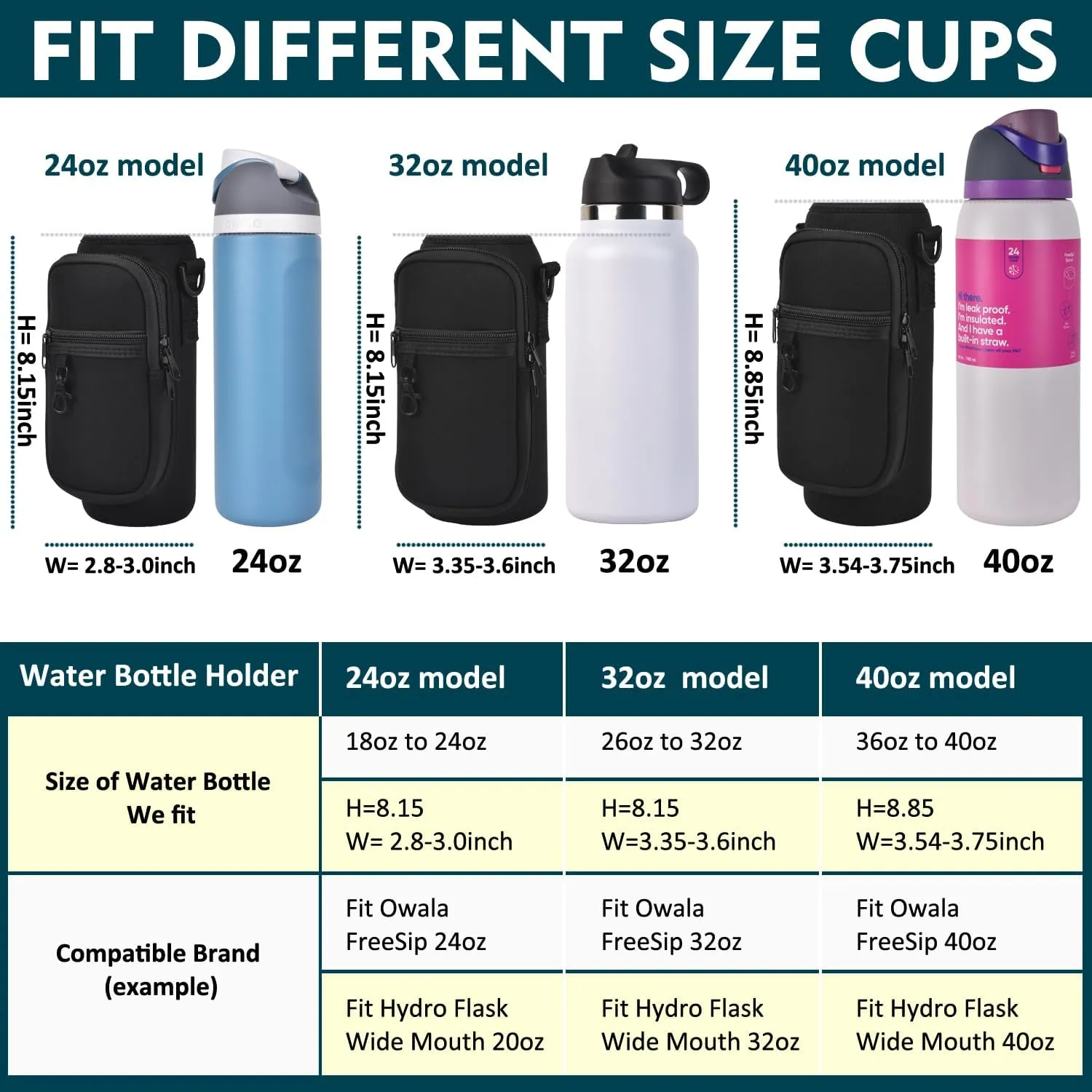 Water Bottle Holder Bag with Phone Pocket for Owala FreeSip 24 32 40 oz Neoprene Cup Carrier Pouch for Hiking Travelling etc