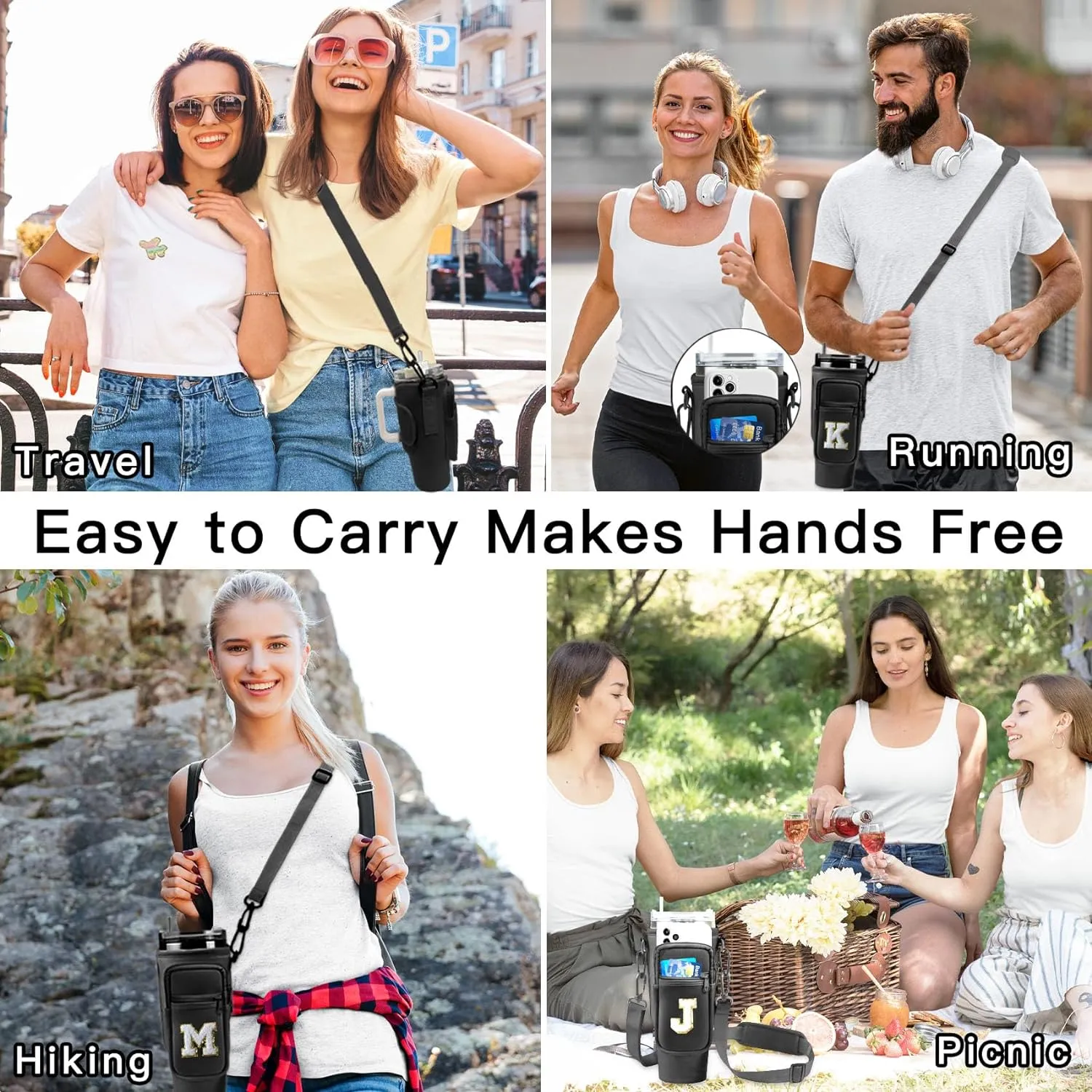 Water Bottle Holder Bag with Strap for Stanley 40 oz Tumbler with Handle,Initial Crossbody Water Bottle Carrier Bag with Phone Pocket for Traveling Hiking Camping Accessories (Black G)