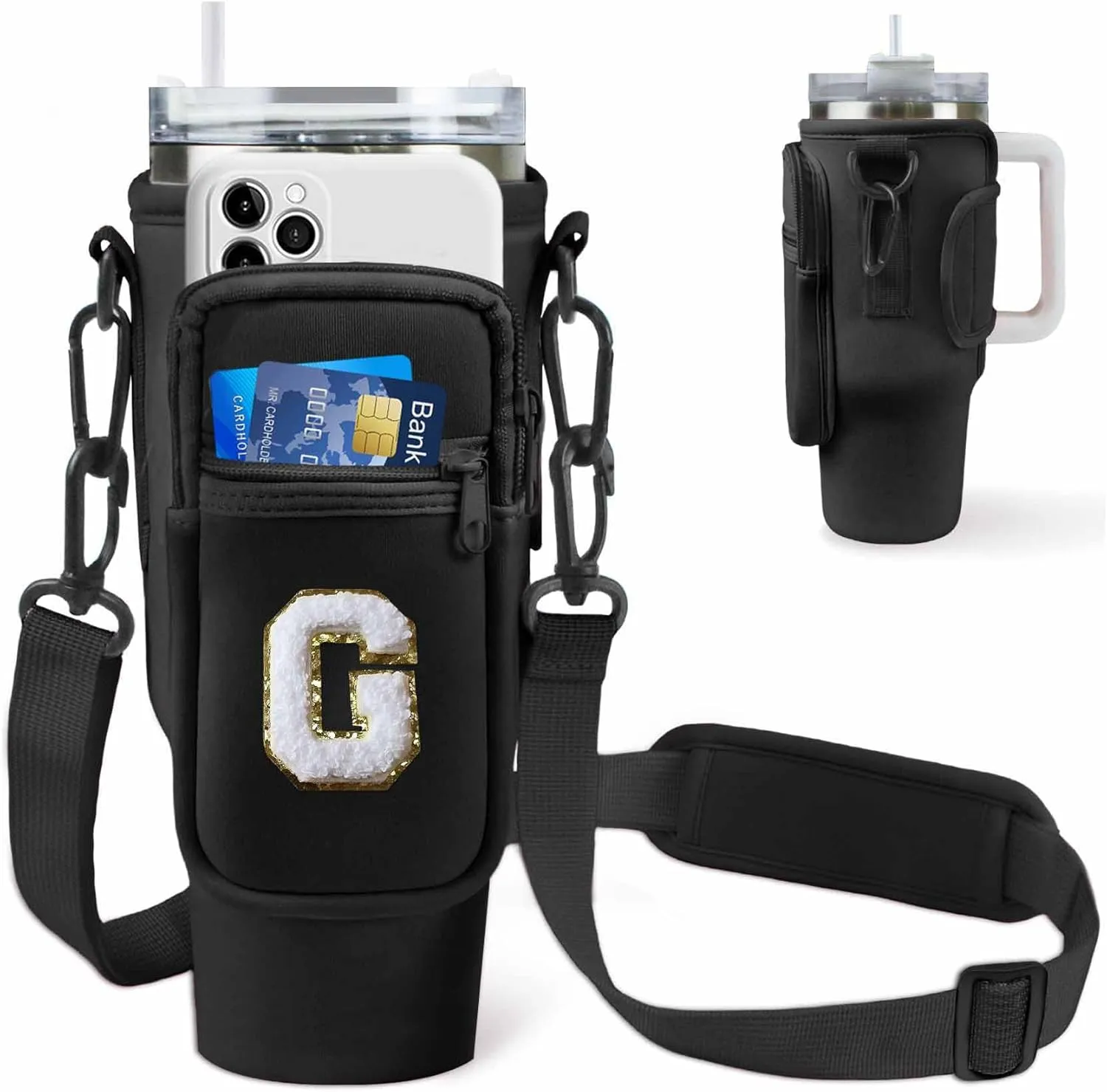 Water Bottle Holder Bag with Strap for Stanley 40 oz Tumbler with Handle,Initial Crossbody Water Bottle Carrier Bag with Phone Pocket for Traveling Hiking Camping Accessories (Black G)