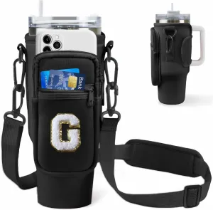Water Bottle Holder Bag with Strap for Stanley 40 oz Tumbler with Handle,Initial Crossbody Water Bottle Carrier Bag with Phone Pocket for Traveling Hiking Camping Accessories (Black G)