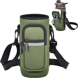 Water Bottle Holder, Carrier Bag Sling Pouch Sleeve with Phone Pocket, Adjustable Crossbody & Handheld Strap for Hiking, Camping, Travel, Survival (Military Green)