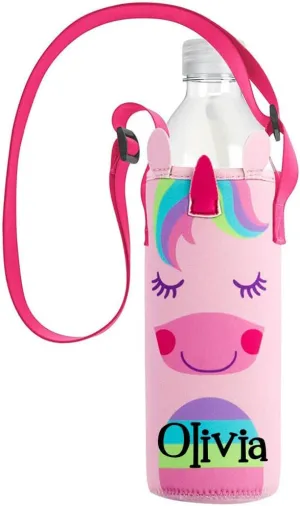 Water Bottle Holder for Kids Buddy Unicorn Character Beverage Carrier with Cooler Sleeve Adjustable Shoulder Strap Personalized with Custom Name