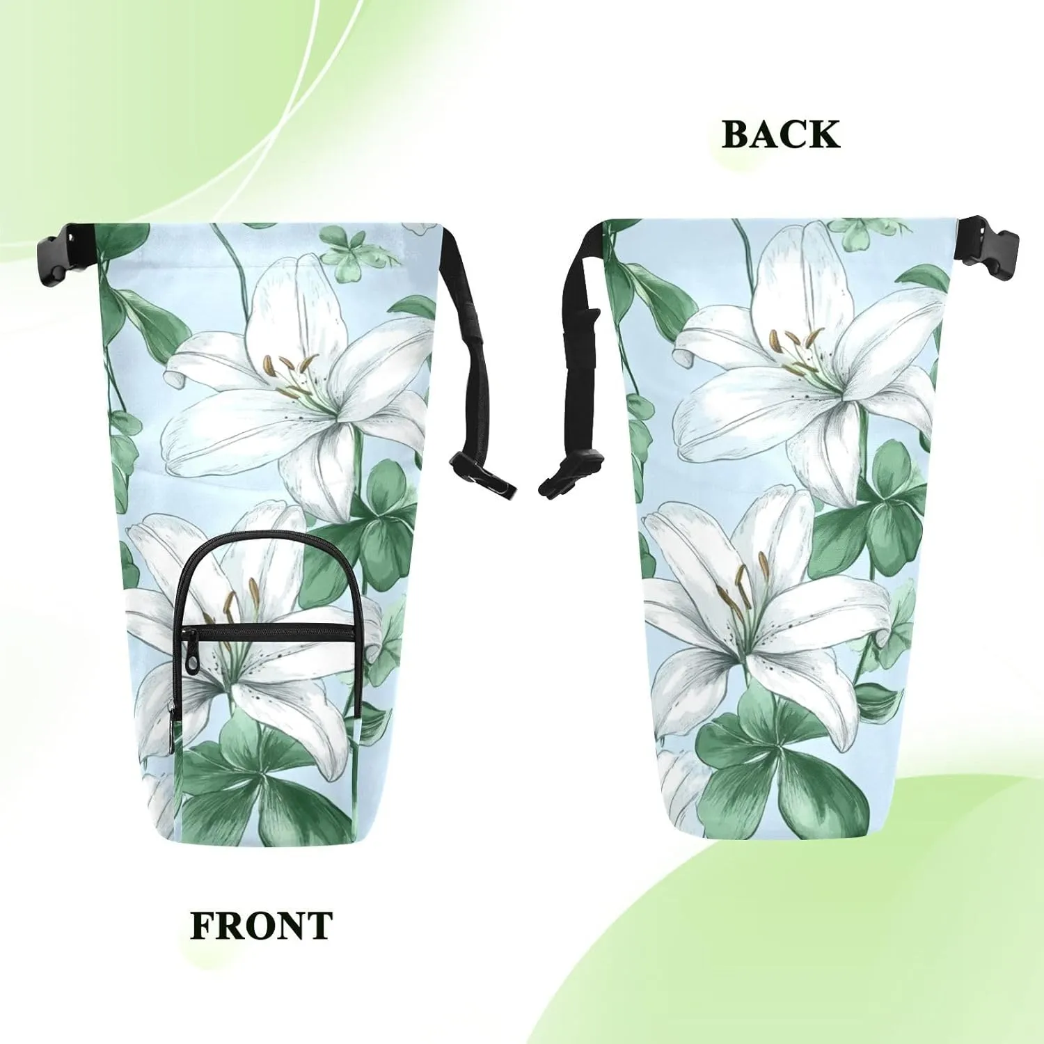 Water Bottle Holder with Strap 20/24/32/40oz Insulated Water Bottle Carrier Sling Bag Sleeve with Phone Pocket for Hiking Travelling Camping Blue Lilies and Green Clover