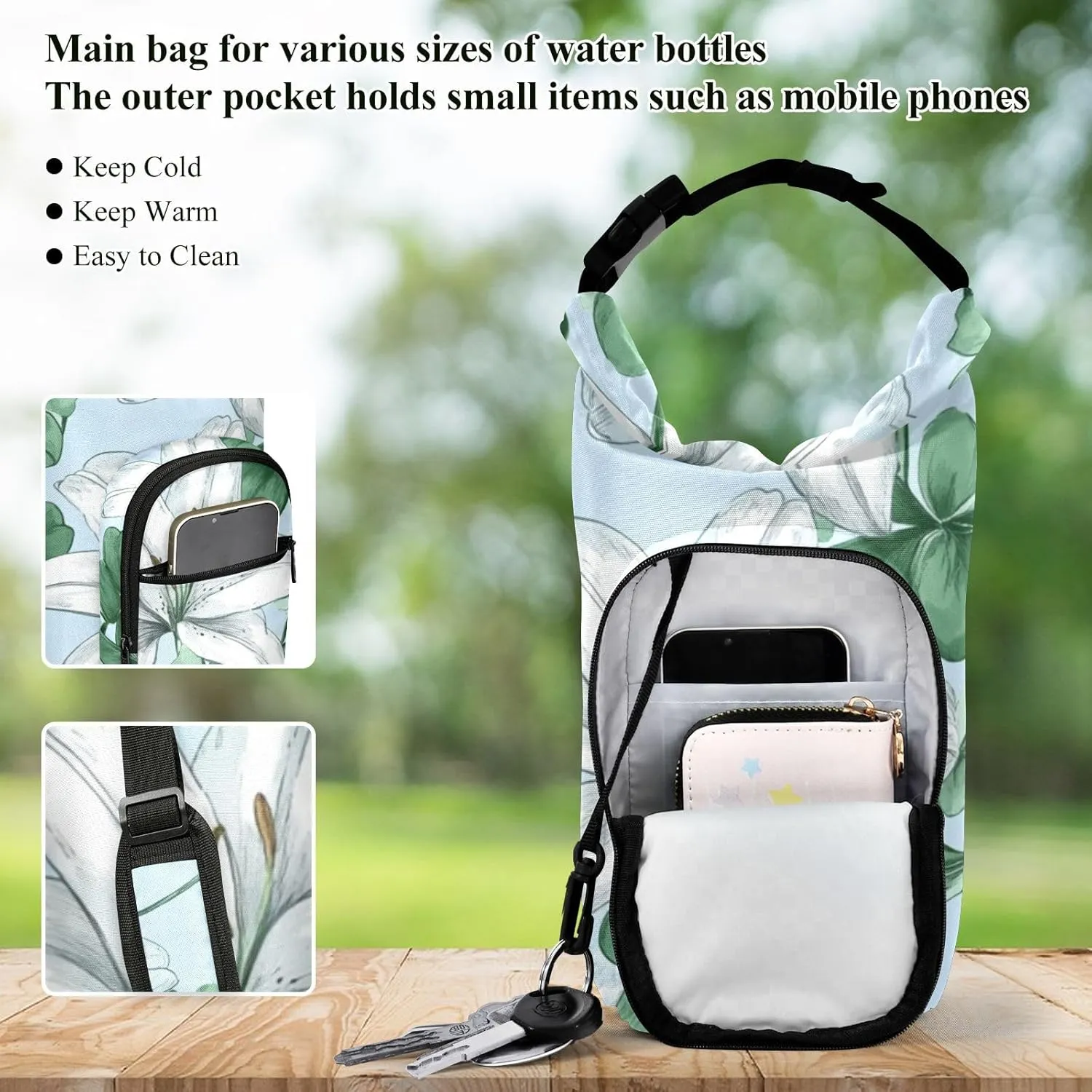 Water Bottle Holder with Strap 20/24/32/40oz Insulated Water Bottle Carrier Sling Bag Sleeve with Phone Pocket for Hiking Travelling Camping Blue Lilies and Green Clover