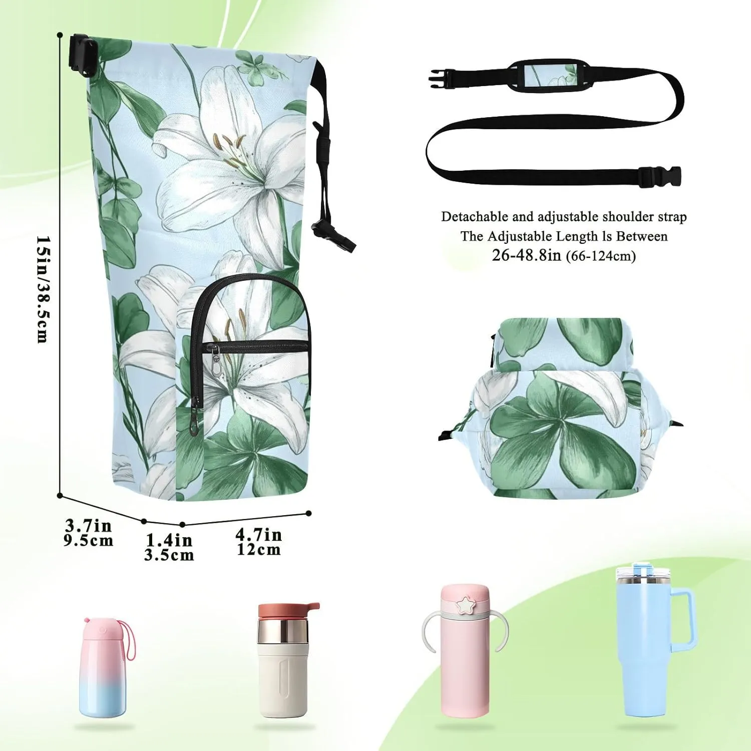 Water Bottle Holder with Strap 20/24/32/40oz Insulated Water Bottle Carrier Sling Bag Sleeve with Phone Pocket for Hiking Travelling Camping Blue Lilies and Green Clover