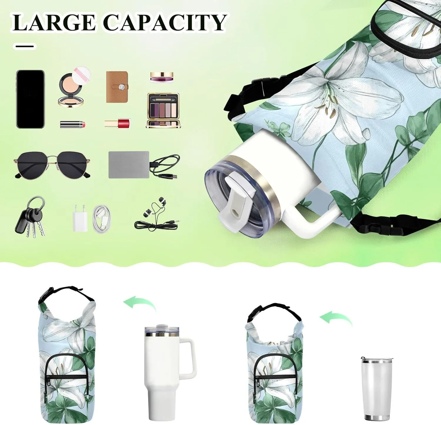 Water Bottle Holder with Strap 20/24/32/40oz Insulated Water Bottle Carrier Sling Bag Sleeve with Phone Pocket for Hiking Travelling Camping Blue Lilies and Green Clover