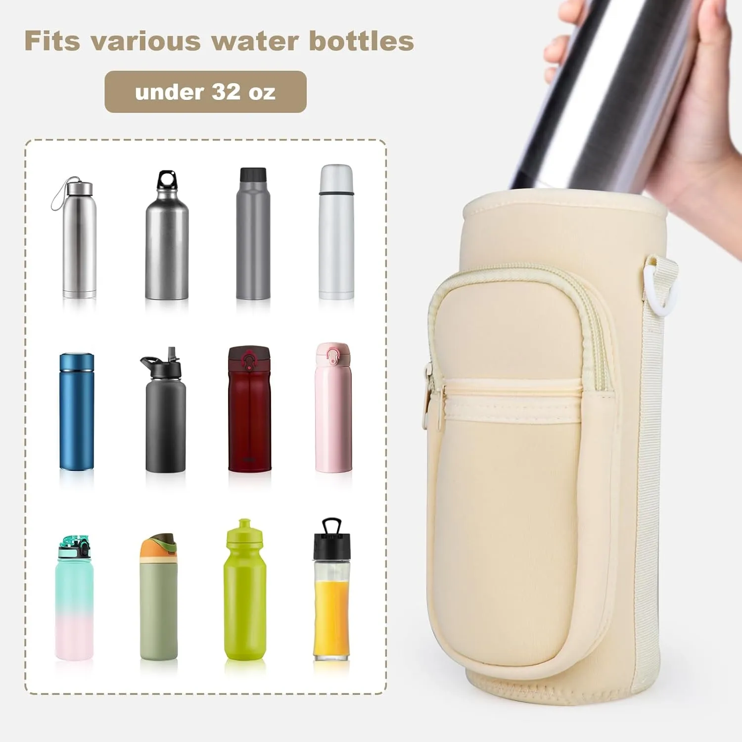 Water Bottle Holder with Strap, Water Bottle Carrier Bag with Phone Pocket, Shoulder Hand Strap Insulated Neoprene 32/40 oz Water Bottle Sleeve for Walking Hiking Camping Gym