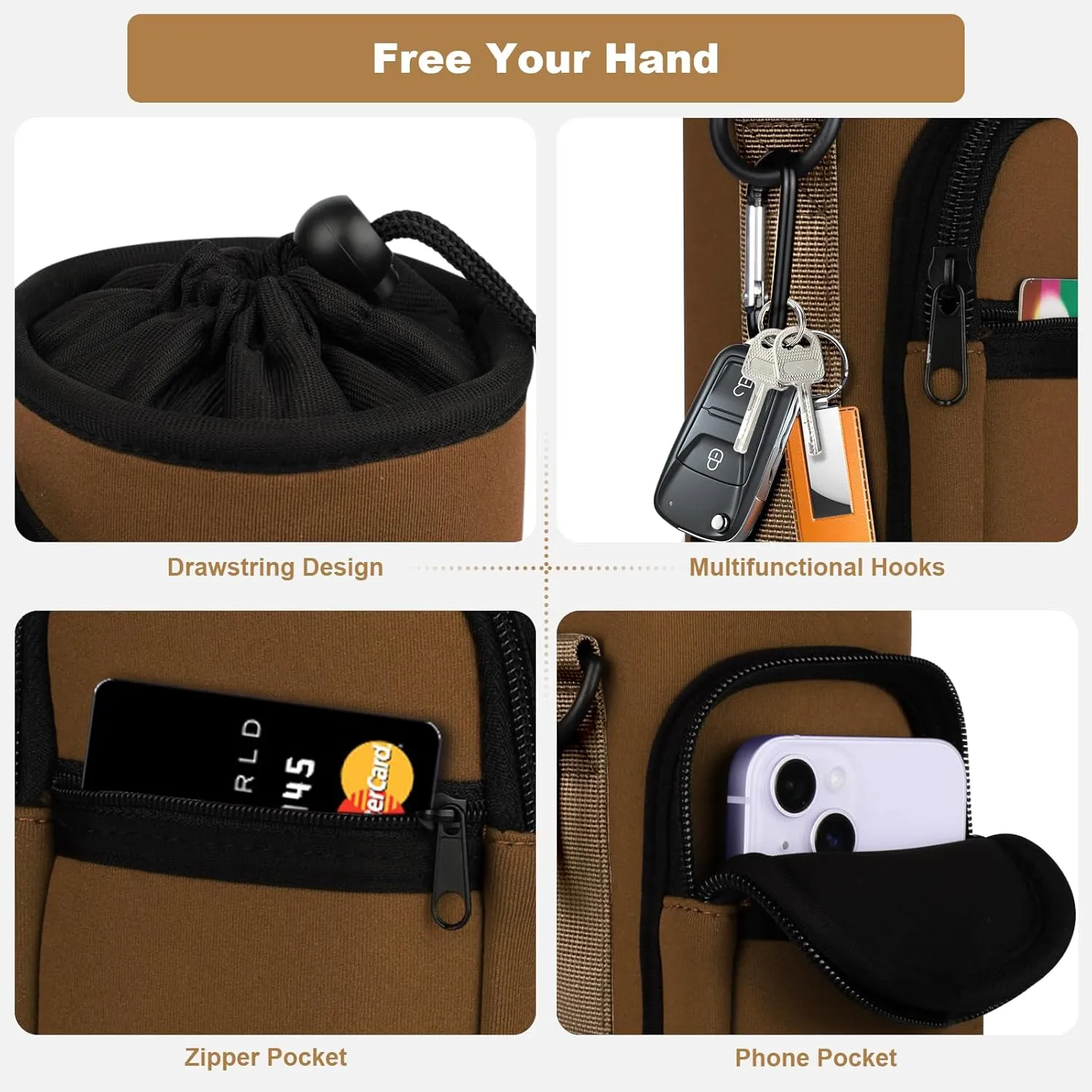Water Bottle Holder with Strap, Water Bottle Carrier Bag with Phone Pocket, Shoulder Hand Strap Insulated Neoprene 32/40 oz Water Bottle Sleeve for Walking Hiking Camping Gym