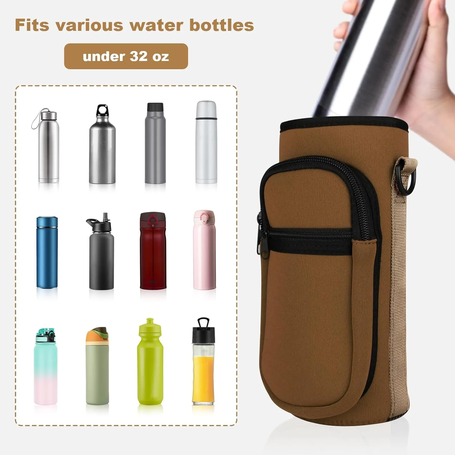 Water Bottle Holder with Strap, Water Bottle Carrier Bag with Phone Pocket, Shoulder Hand Strap Insulated Neoprene 32/40 oz Water Bottle Sleeve for Walking Hiking Camping Gym