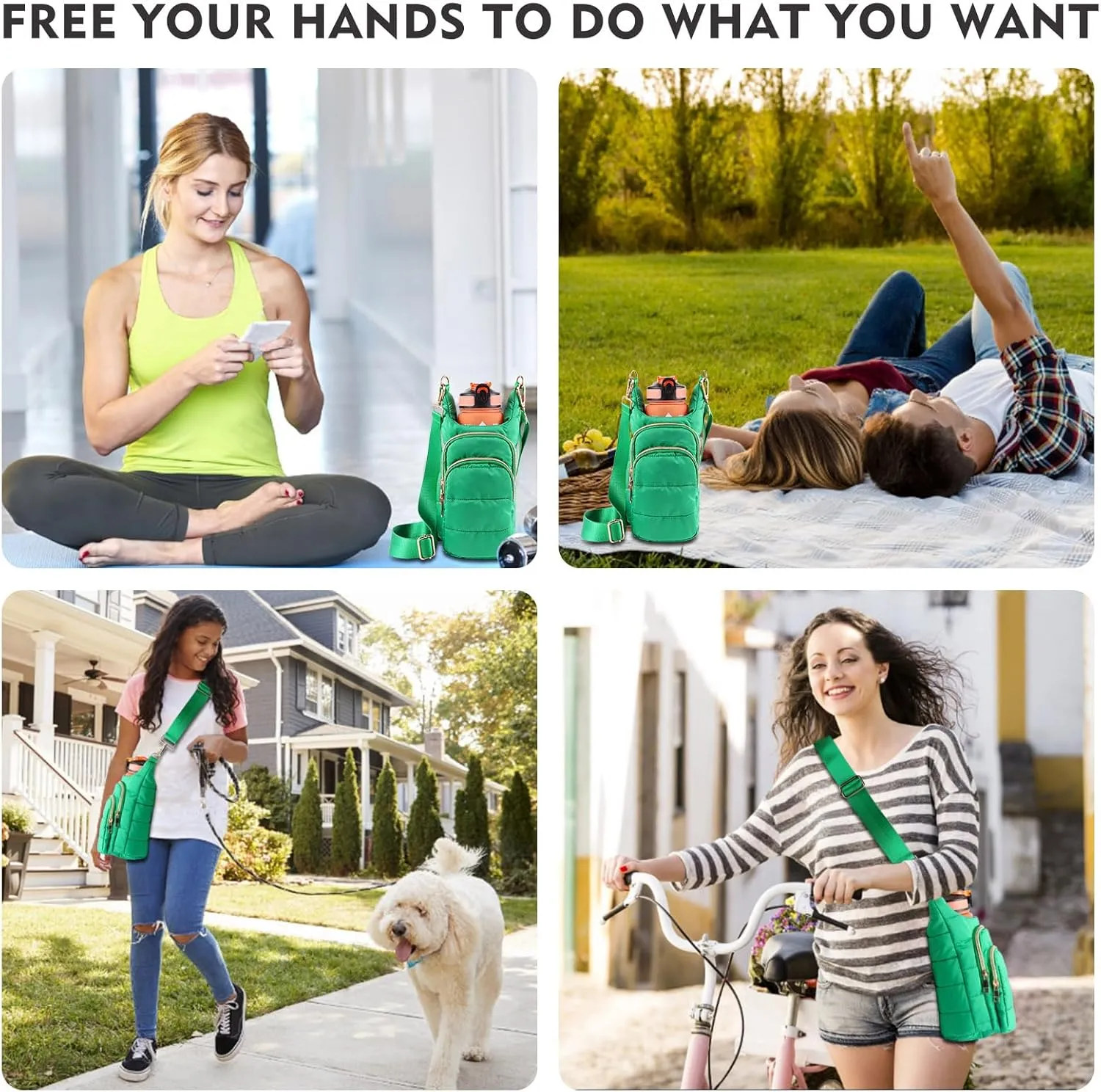 Water Bottle Holder with Strap Water Bottle Carrier Bag with Strap Quilted Puffer Hydrobag Sling Purse Crossbody Bags for Women Walking Hiking Cycling
