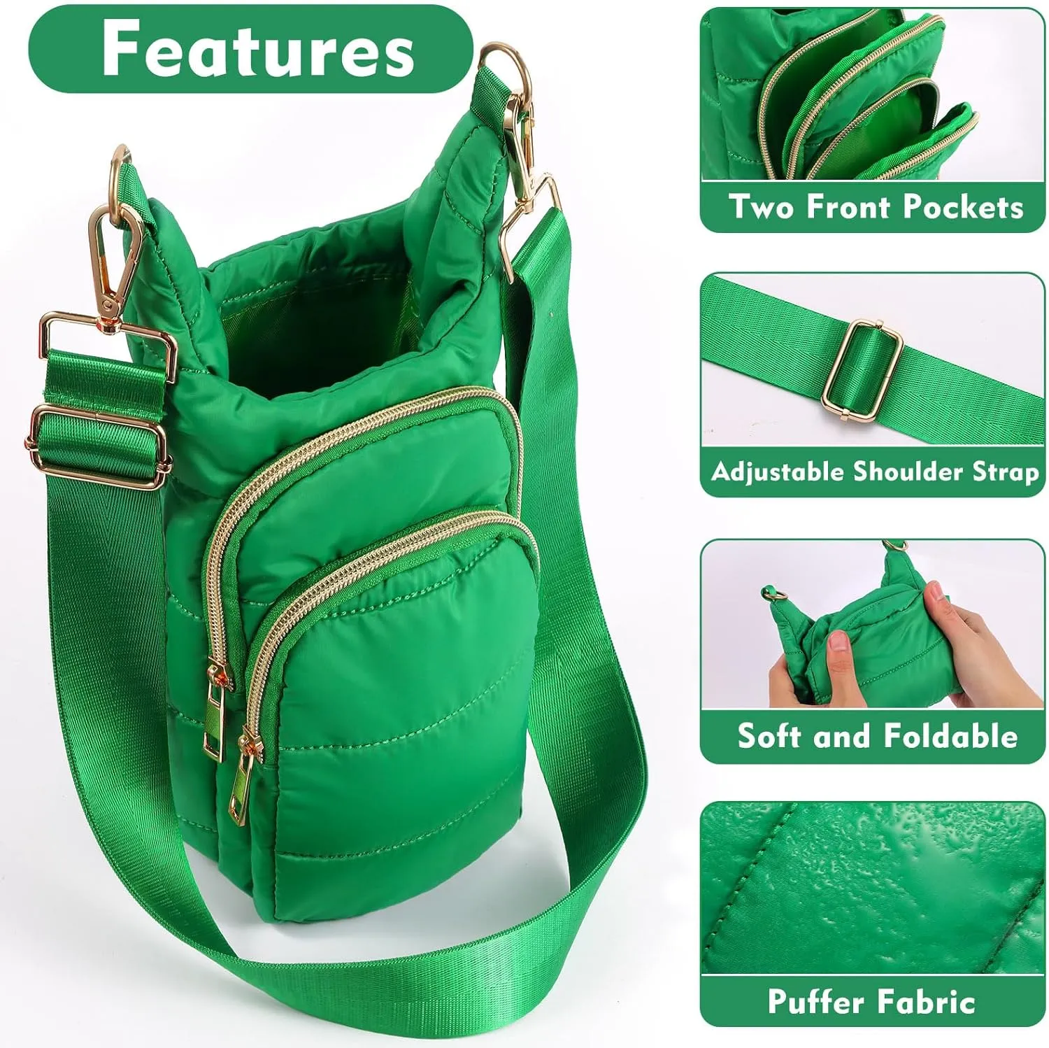 Water Bottle Holder with Strap Water Bottle Carrier Bag with Strap Quilted Puffer Hydrobag Sling Purse Crossbody Bags for Women Walking Hiking Cycling