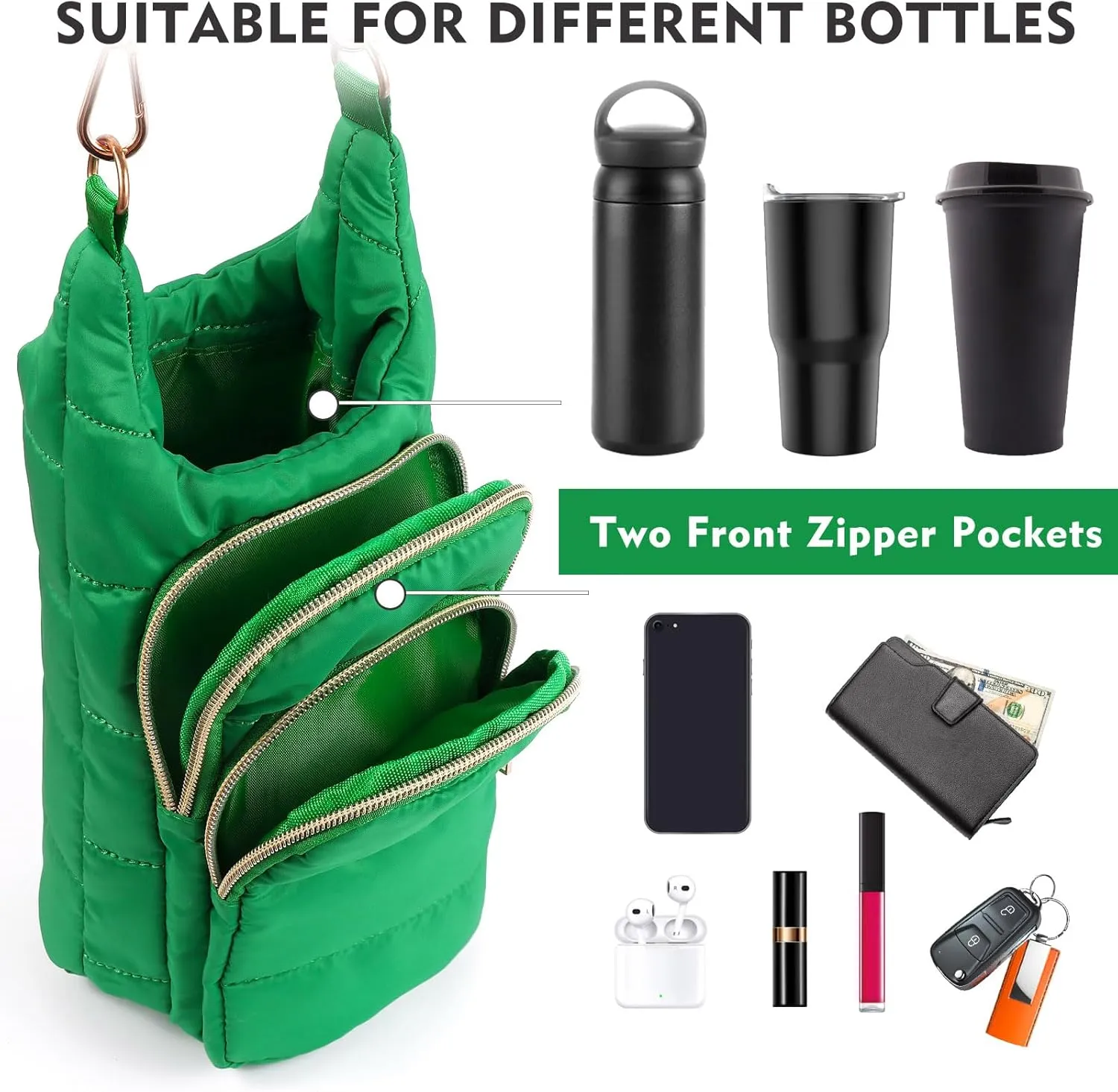 Water Bottle Holder with Strap Water Bottle Carrier Bag with Strap Quilted Puffer Hydrobag Sling Purse Crossbody Bags for Women Walking Hiking Cycling