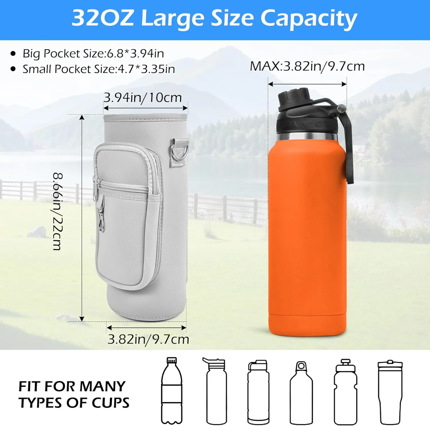 Water Bottle Holder with Strap,Water Bottle Bag,32/40 oz Large Capacity,Adjustable Shoulder Hand Strap,2 Phone Pocket Water Bottle Holder,Water Bottle Accessories for Camping Running Walking