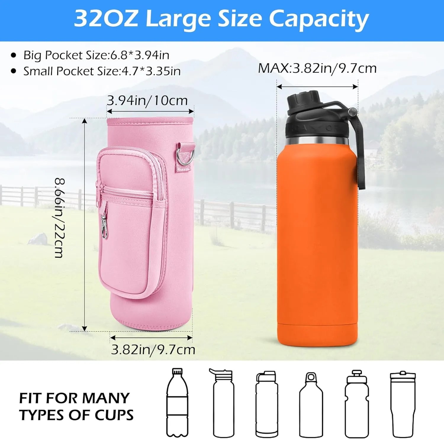 Water Bottle Holder with Strap,Water Bottle Bag,32/40 oz Large Capacity,Adjustable Shoulder Hand Strap,2 Phone Pocket Water Bottle Holder,Water Bottle Accessories for Camping Running Walking