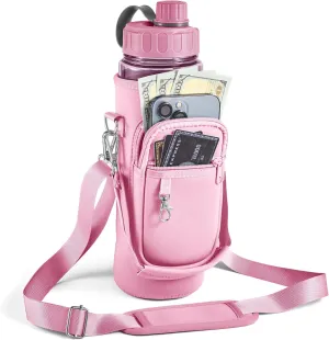 Water Bottle Holder with Strap,Water Bottle Bag,32/40 oz Large Capacity,Adjustable Shoulder Hand Strap,2 Phone Pocket Water Bottle Holder,Water Bottle Accessories for Camping Running Walking