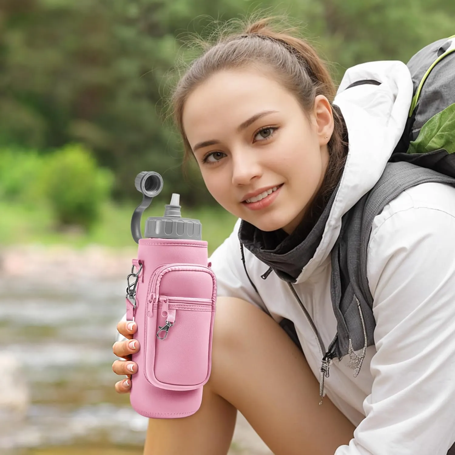 Water Bottle Holder with Strap,Water Bottle Bag,32/40 oz Large Capacity,Adjustable Shoulder Hand Strap,2 Phone Pocket Water Bottle Holder,Water Bottle Accessories for Camping Running Walking